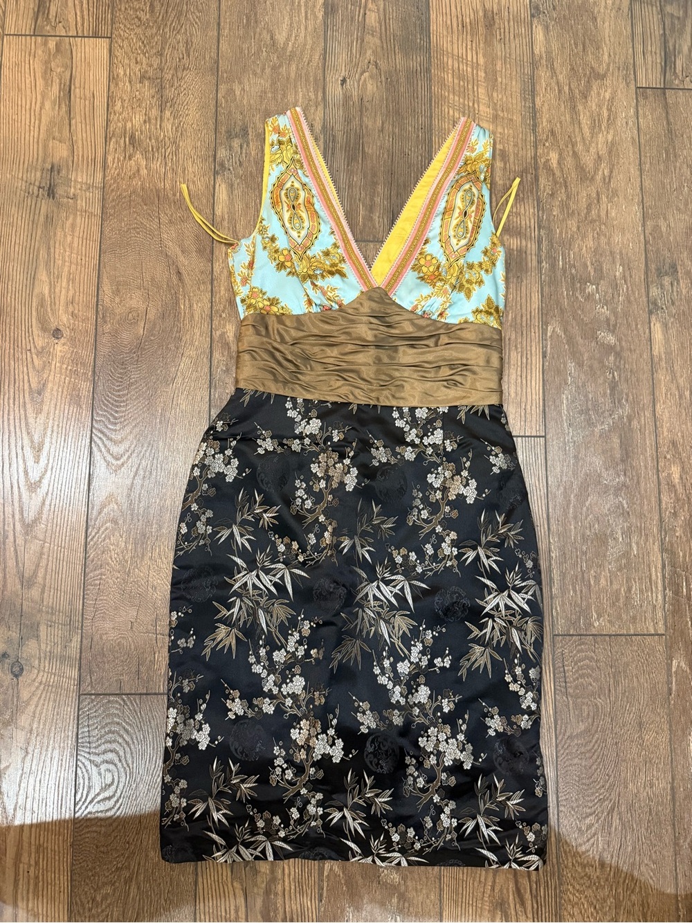 Phoebe Couture V-Neck Mixed Print Midi Dress in Aqua, Gold & Black